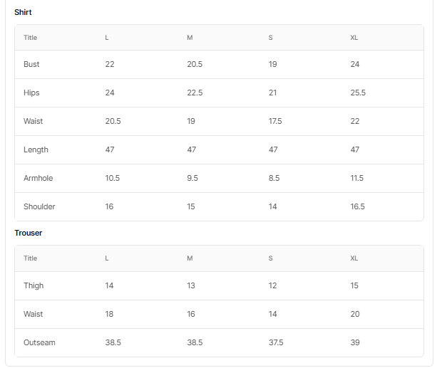 Size chart for Aneza