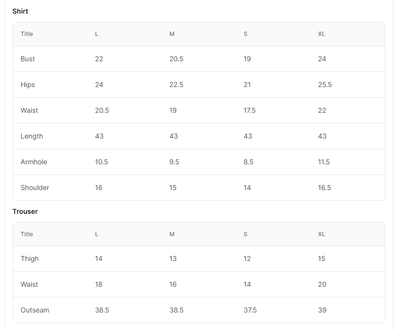 Size chart for Imroz