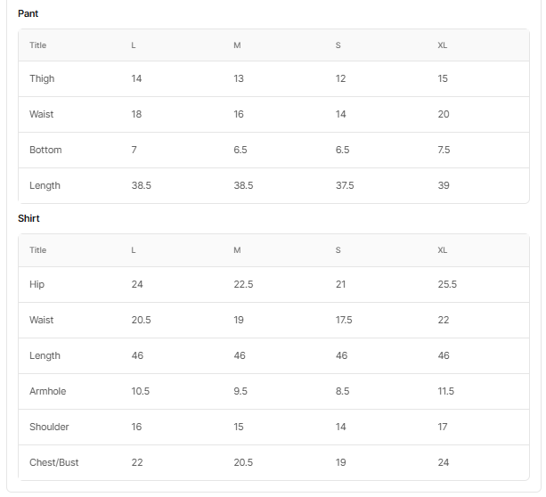 Size chart for Kalonji