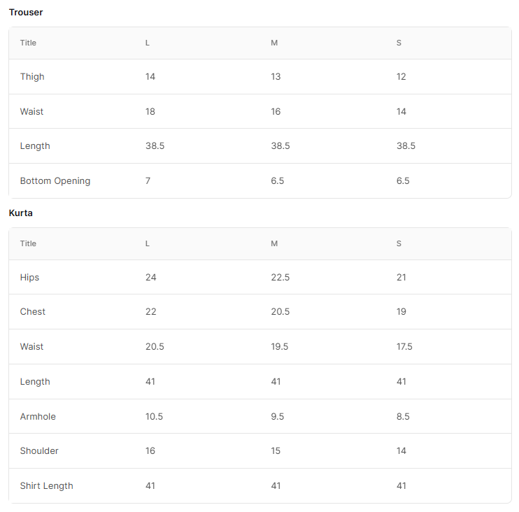Size chart for Saffron Ivory