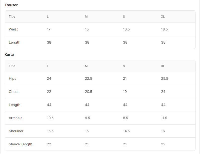 Size chart for Verdant