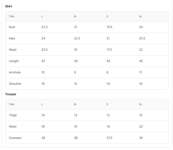 Size chart for ZAVERI - PISTA