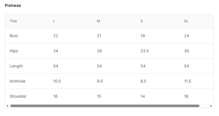Size chart for Meeral - Teal